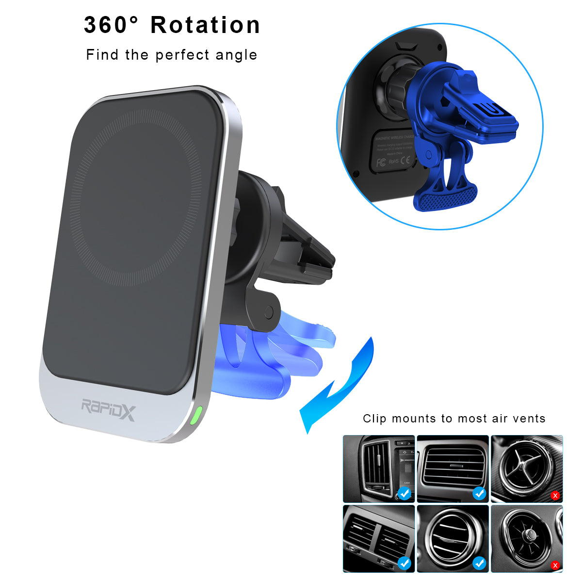 Dashio MW1 Car Vent Mount & Magnetic Wireless Charger Pad, up to 15W, for iPhone 15/14/13/12 & newer, or other iPhone/Android with MagSafe/Magnetic Case